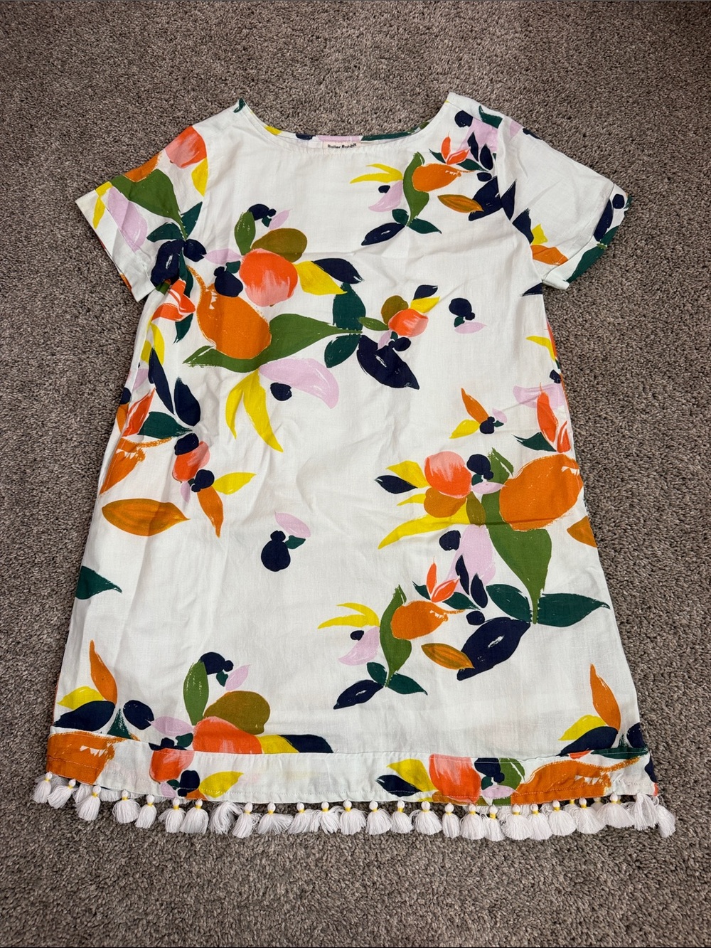 Roller Rabbit white dress with brightly colored fruit pattern &pom-poms, Sm